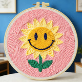 Smiley Sunflower Punch Needle Wall Art – Handmade Embroidery Hoop Decor for Nursery & Cozy Rooms
