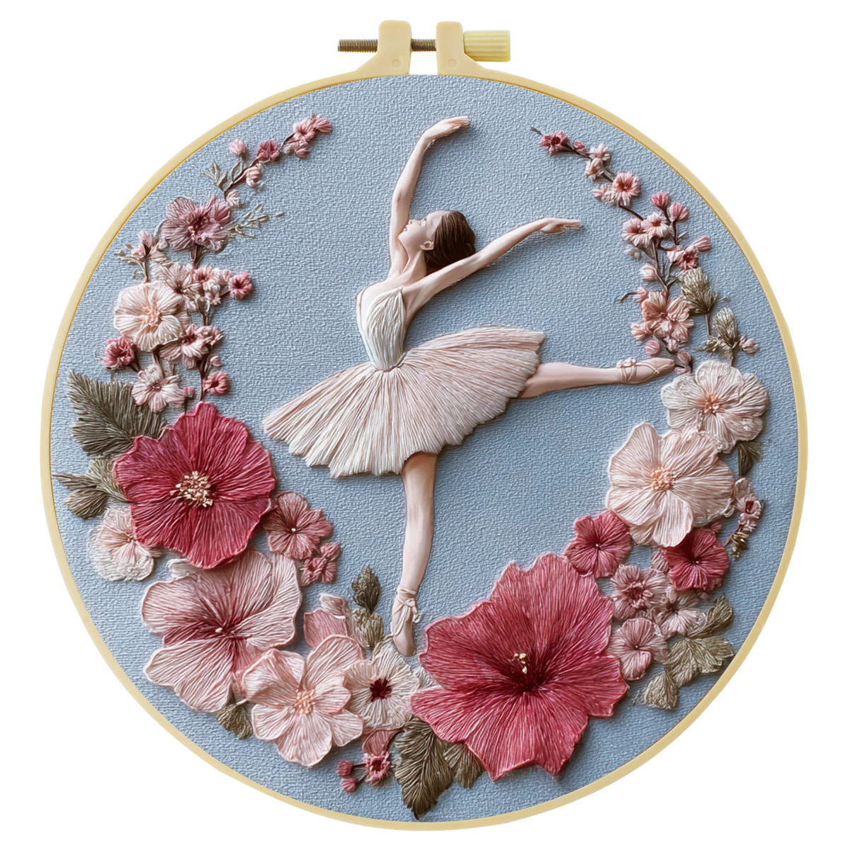 Handmade Ballerina Floral Embroidery Hoop Wall Art – Elegant Ballet Dancer Fiber Decor