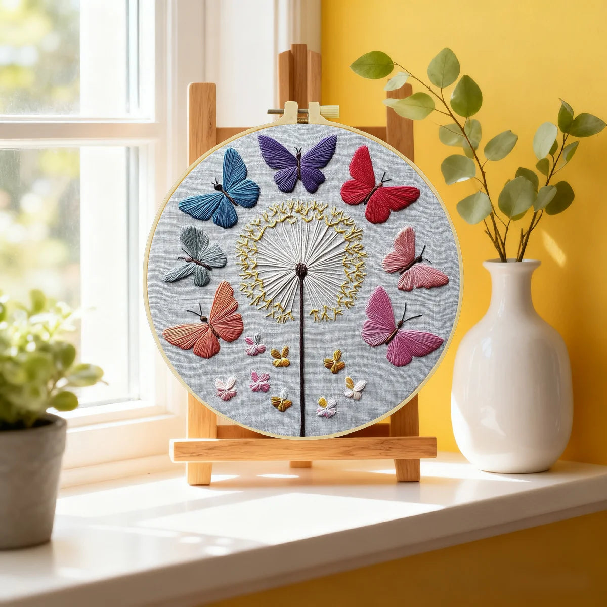 Butterflies & Dandelion Embroidery Kit – Colorful Nature Needlepoint Pattern with Whimsical Floral Wall Art Decor
