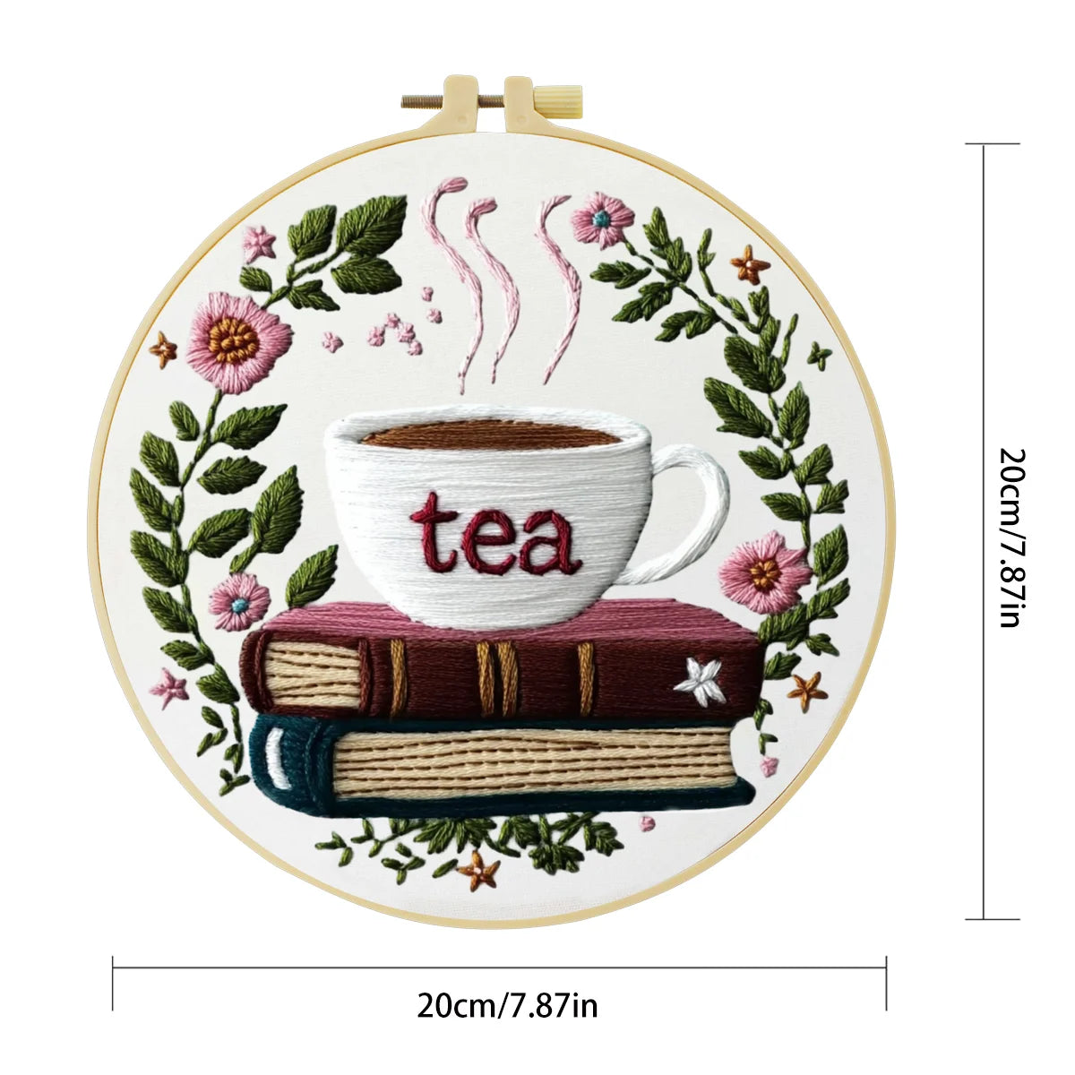 Handmade Tea Lover Embroidery Hoop Wall Art – Floral Book Stack Kitchen Decor