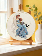 Moonlit Fairy Embroidery Kit – Enchanted Cat & Crescent Moon DIY Hand Embroidery Hoop Art Set Kits For Stitchers