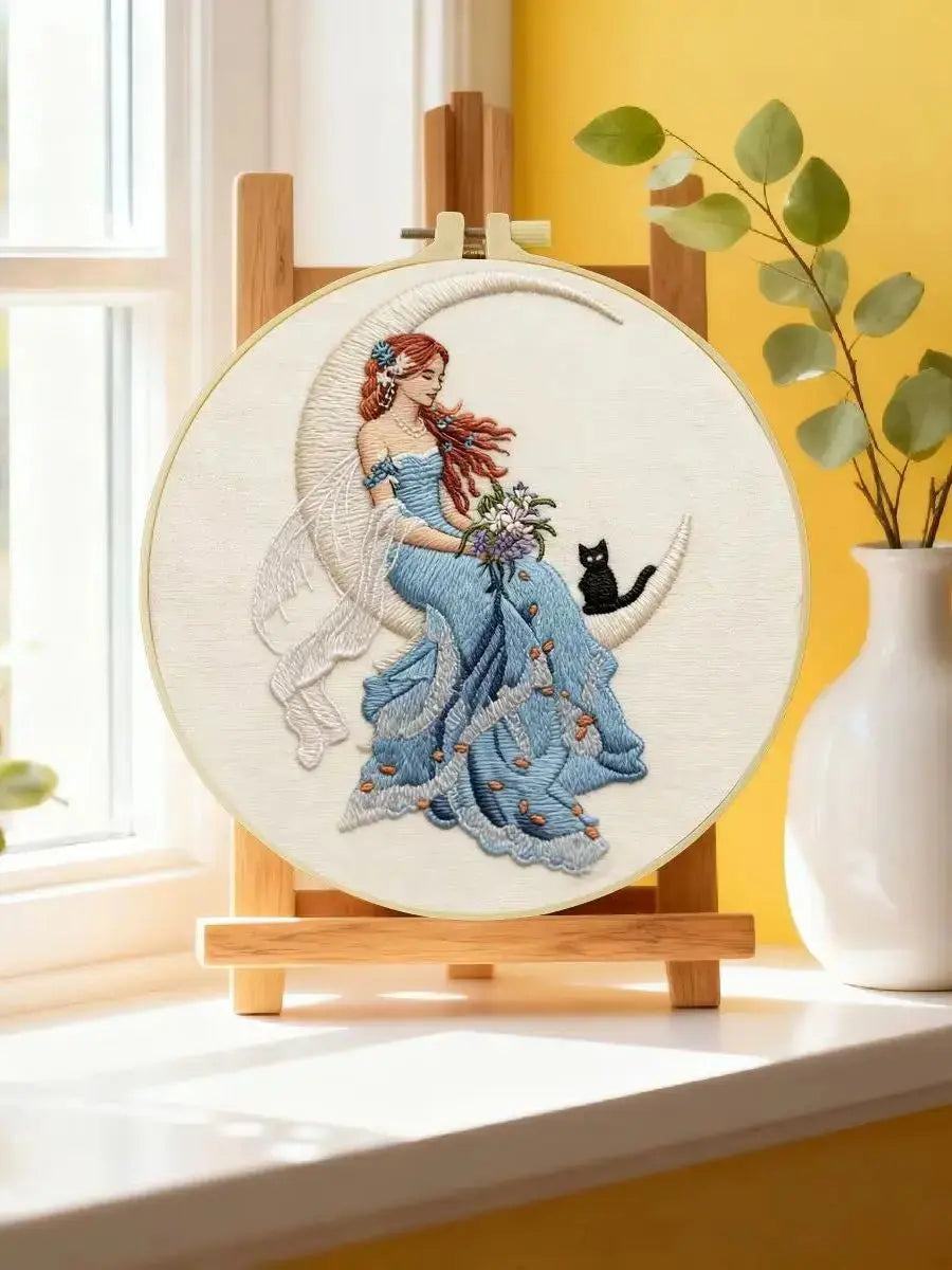 Moonlit Fairy Embroidery Kit – Enchanted Cat & Crescent Moon DIY Hand Embroidery Hoop Art Set Kits For Stitchers