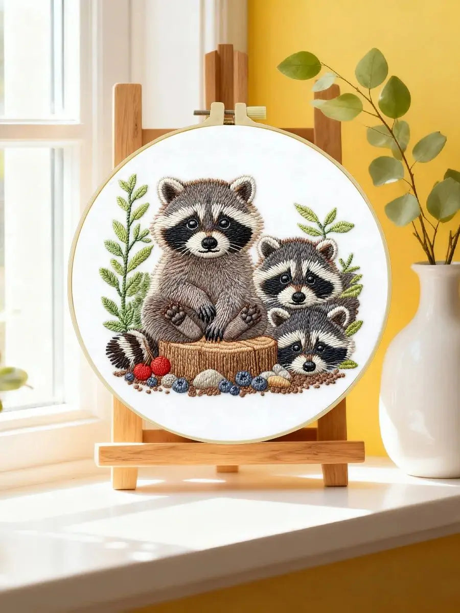 Cute Raccoon Family Embroidery Kit – Woodland Animal DIY Hand Embroidery Hoop Art, Forest Nursery Wall Decor Craft Kit