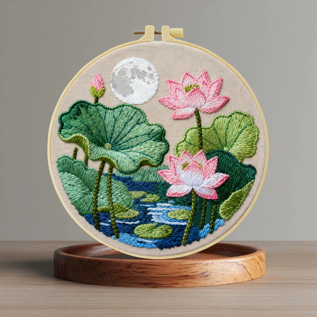 Lotus Pond Embroidery Kit – Pink Water Lily Needlepoint Pattern with Moonlit Nature Landscape & Zen Floral Wall Art Decor