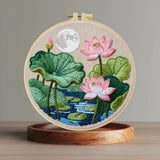 Lotus Pond Embroidery Kit – Pink Water Lily Needlepoint Pattern with Moonlit Nature Landscape & Zen Floral Wall Art Decor Kits For Stitchers
