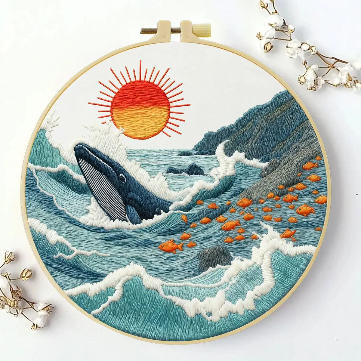 Ocean Whale Embroidery Kit – Coastal Sea Life DIY Hand Embroidery Hoop Art Set