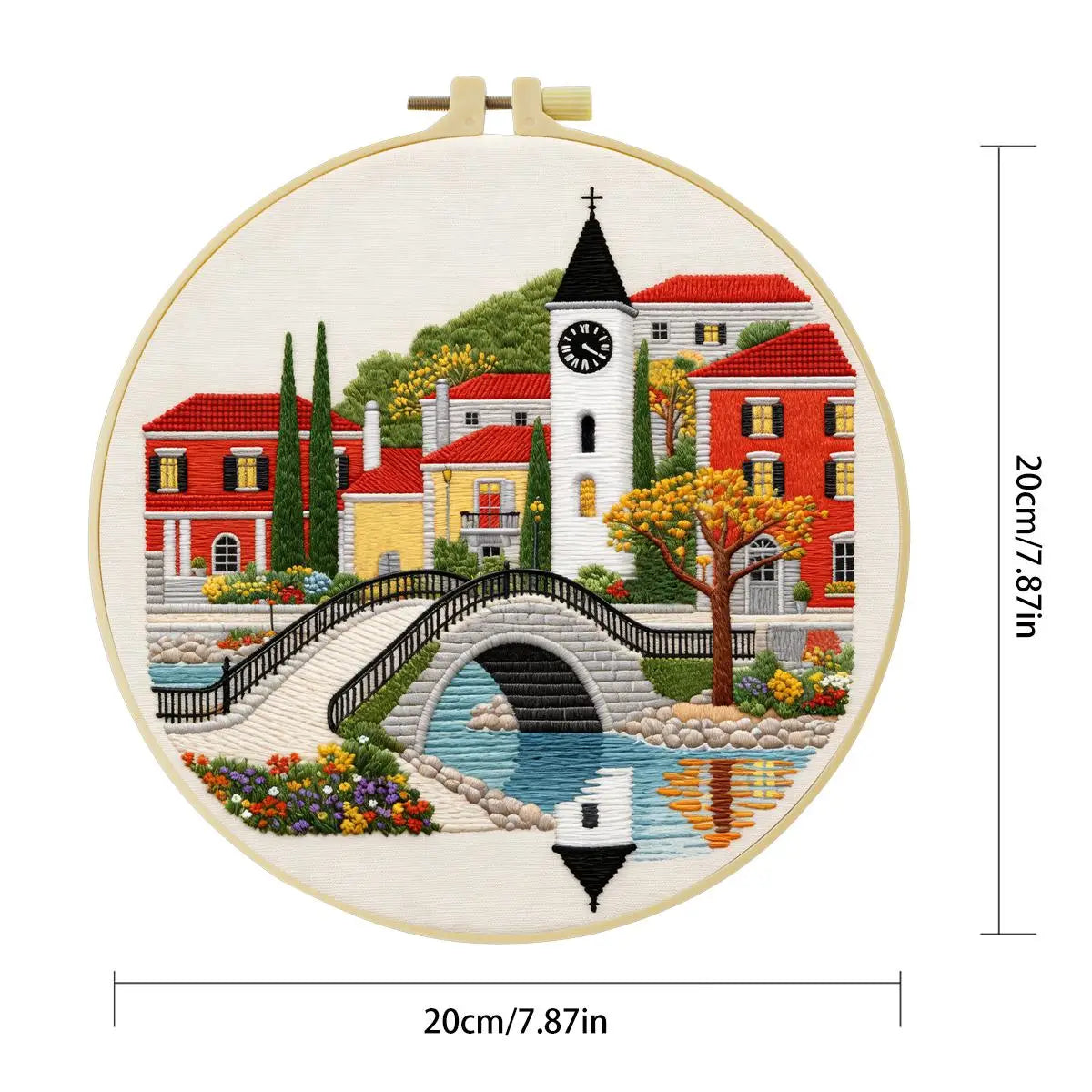 European Village Bridge Embroidery Kit – Scenic Canal Town DIY Needlepoint Hoop Art Cozy Landscape Decor Craft Gift for Adults