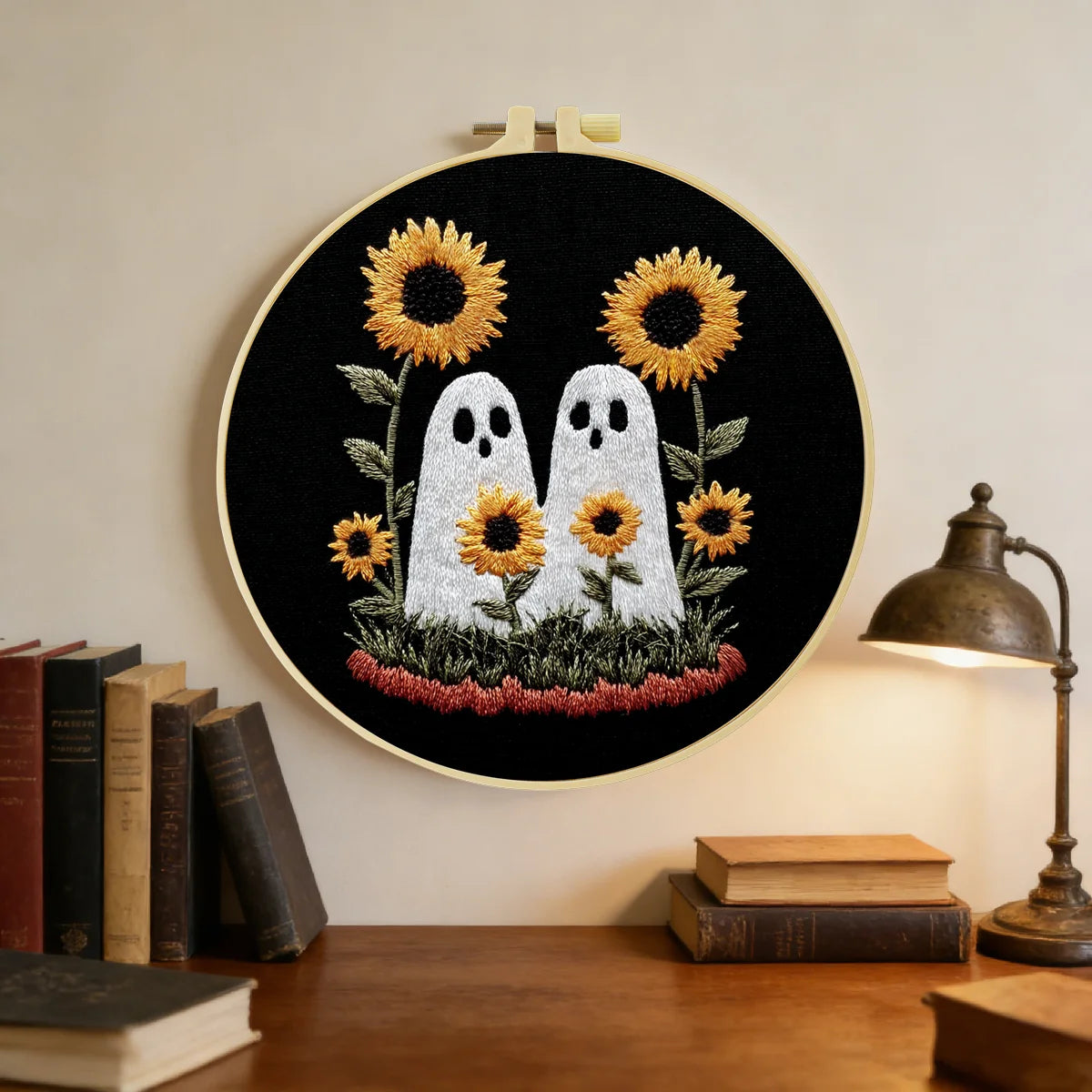 Cute Ghosts with Sunflowers Embroidery Starter Kit – DIY Halloween Sewing Art Set for Beginners