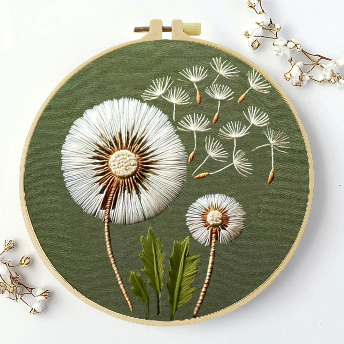 Minimalist Dandelion Embroidery Kit – Botanical Puff Flower DIY Needlepoint Hoop Art Modern Nature Decor Craft Gift for Adults