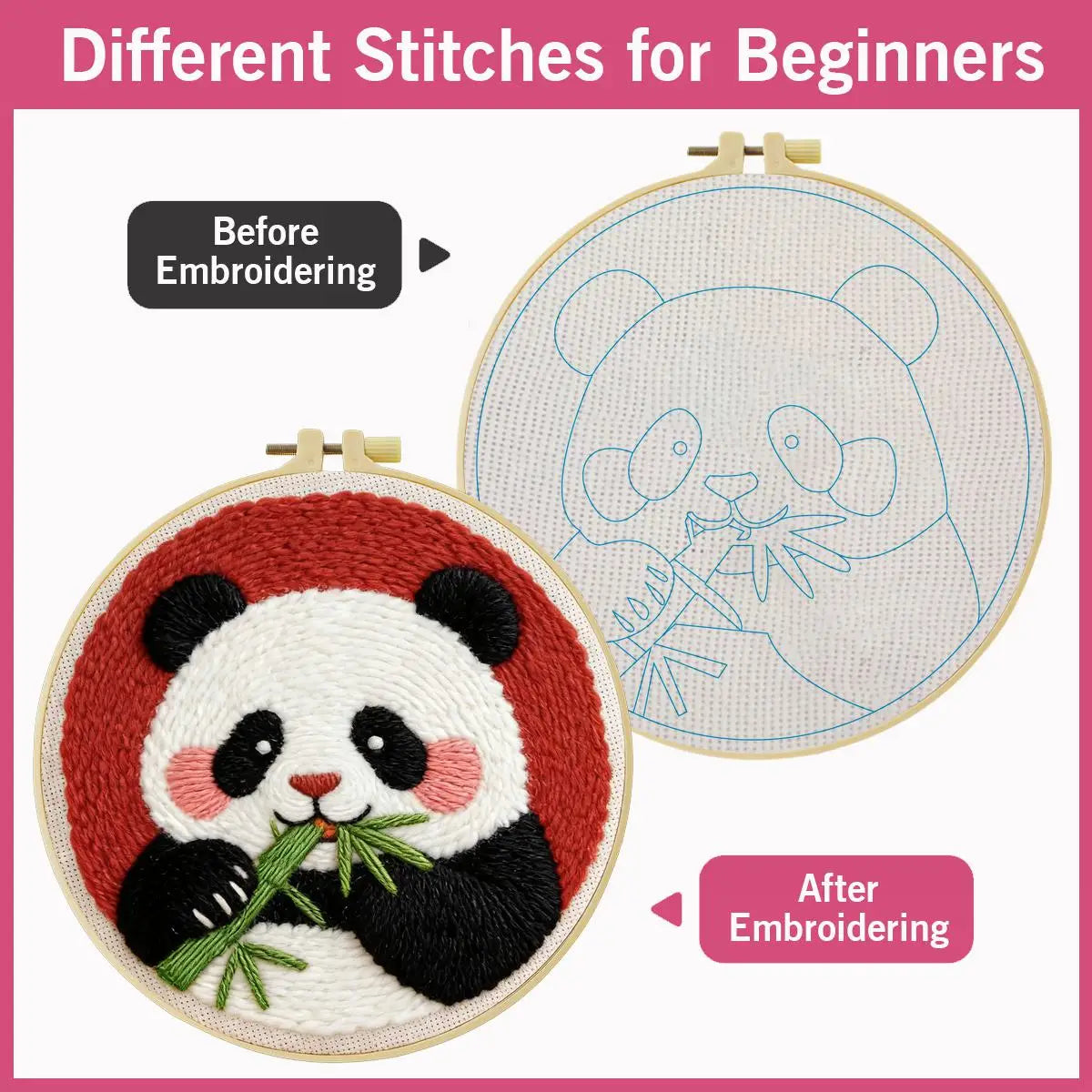 Cute Panda Embroidery Kit – Kawaii Panda Eating Bamboo Needlepoint Pattern for Animal Lovers and Beginner DIY Decor