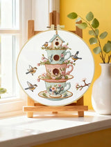 Vintage Teacup Birdhouse Embroidery Kit – Floral Birds DIY Hand Embroidery Hoop Art Set