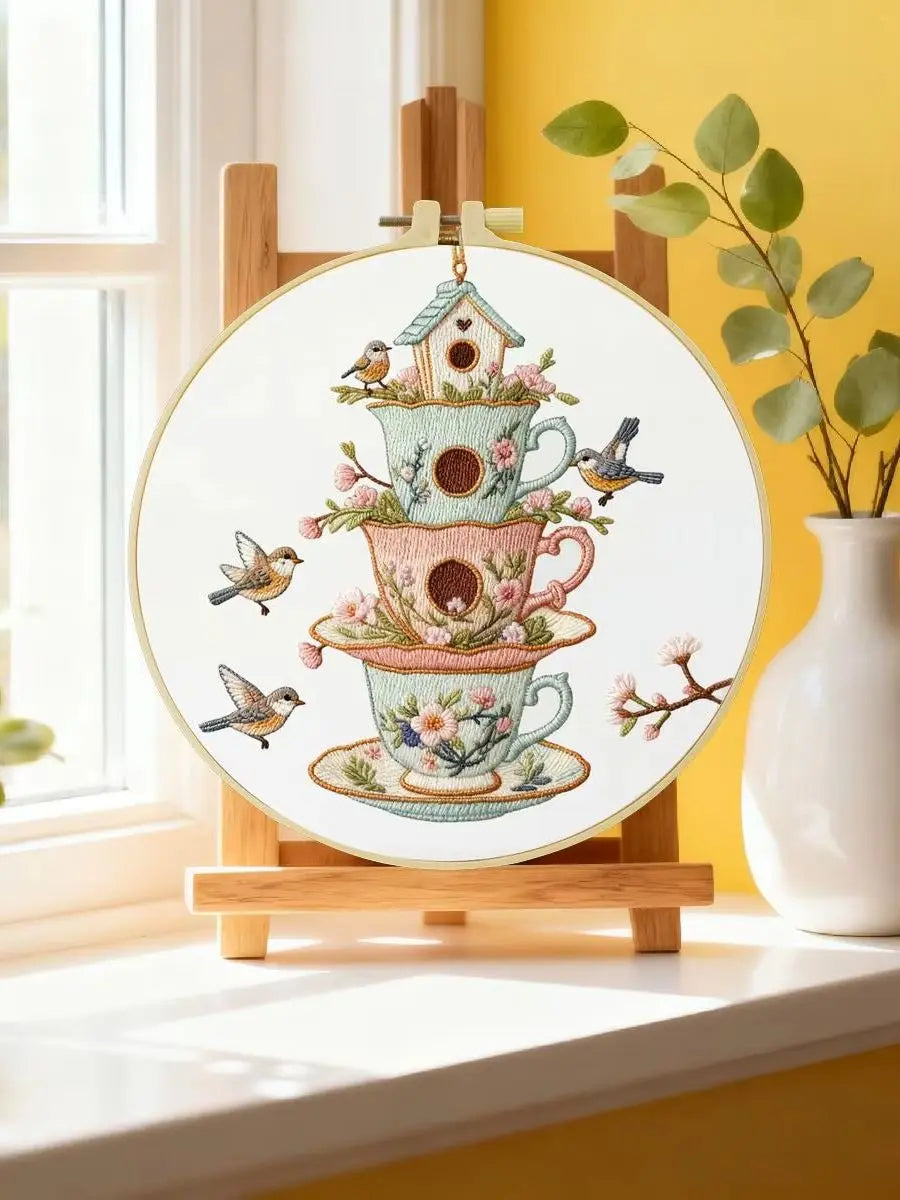 Vintage Teacup Birdhouse Embroidery Kit – Floral Birds DIY Hand Embroidery Hoop Art Set