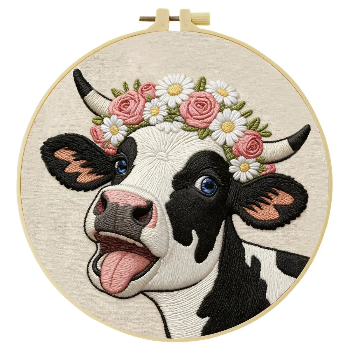 Cute Cow Embroidery Kit for Beginners – DIY Floral Farm Animal Hand Embroidery Hoop Set