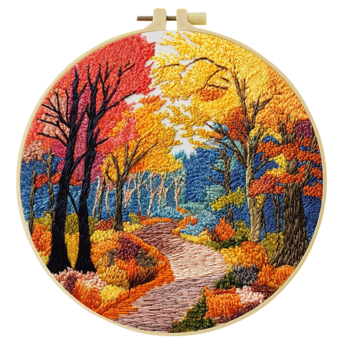 Autumn Forest Path Embroidery Kit – Colorful Fall Landscape DIY Hand Stitch Art with Hoop & Threads, Scenic Nature Wall Décor Craft Set