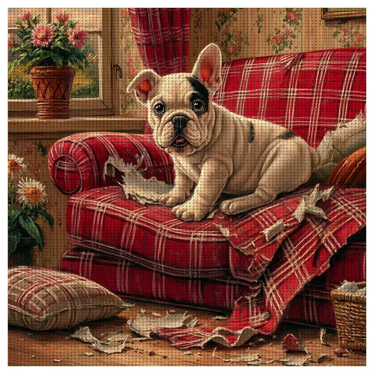 Mischievous French Bulldog Cross Stitch Kit 🐾🛋️