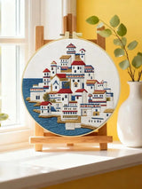 Mediterranean Seaside Village Embroidery Kit – Coastal Greek Town DIY Needlepoint Hoop Art Nautical Travel Decor Craft Gift for Adults