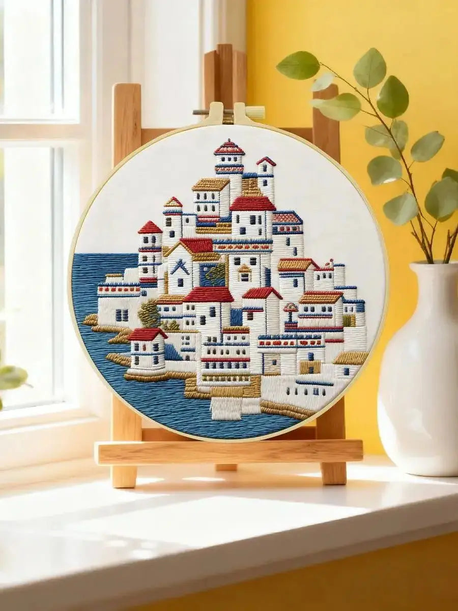 Mediterranean Seaside Village Embroidery Kit – Coastal Greek Town DIY Needlepoint Hoop Art Nautical Travel Decor Craft Gift for Adults Kits For Stitchers