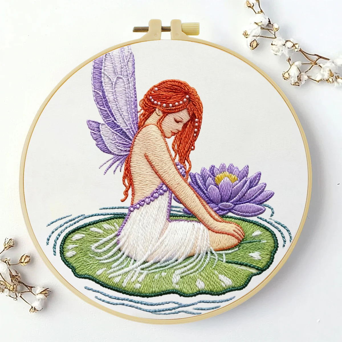 Fairy on Lily Pad Embroidery DIY Kit – Fantasy Beginner Stitching Kit with Hoop, Pattern & Threads