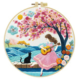 Girl Playing Guitar Embroidery Kit – Romantic Floral DIY Hand Embroidery Hoop Art Set