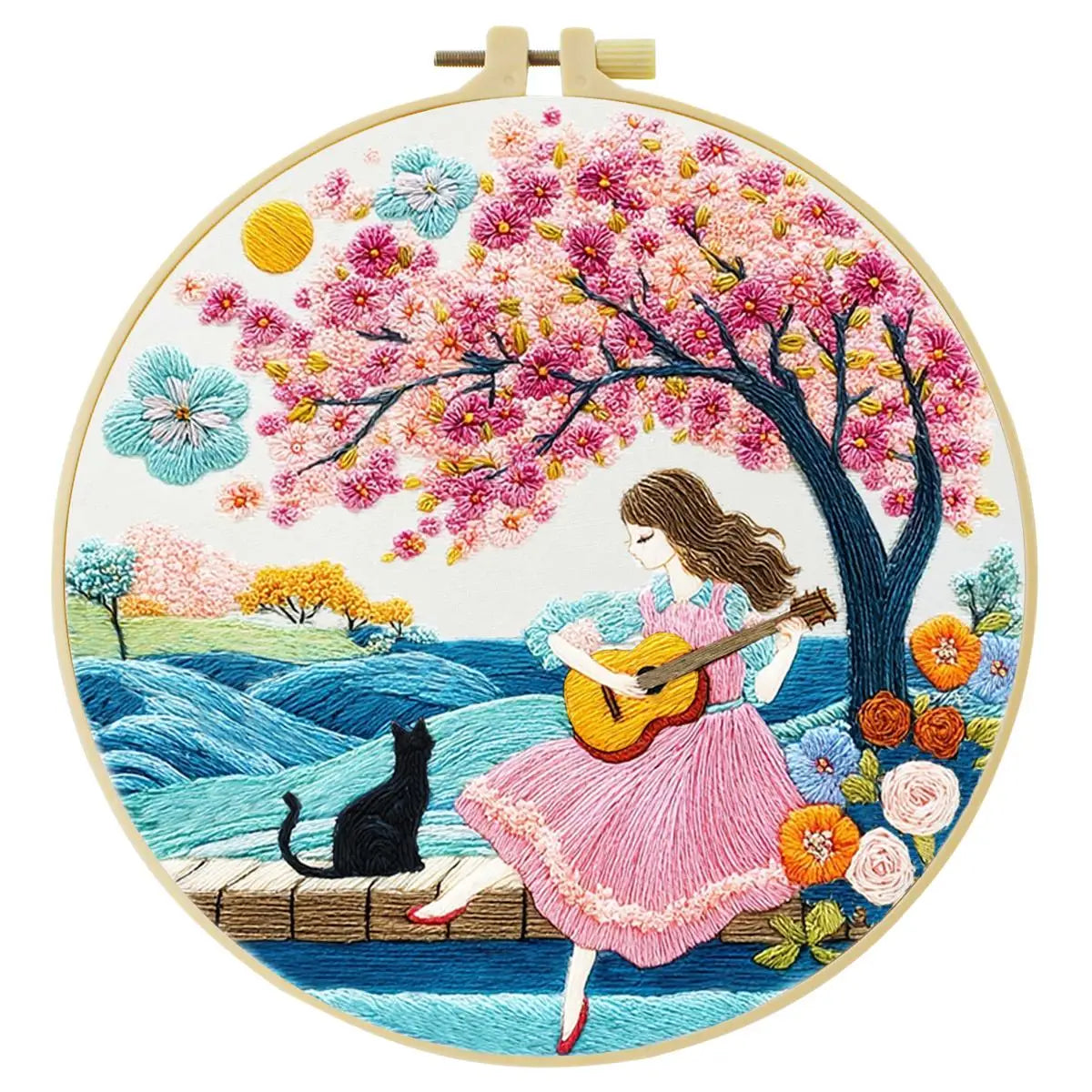 Girl Playing Guitar Embroidery Kit – Romantic Floral DIY Hand Embroidery Hoop Art Set