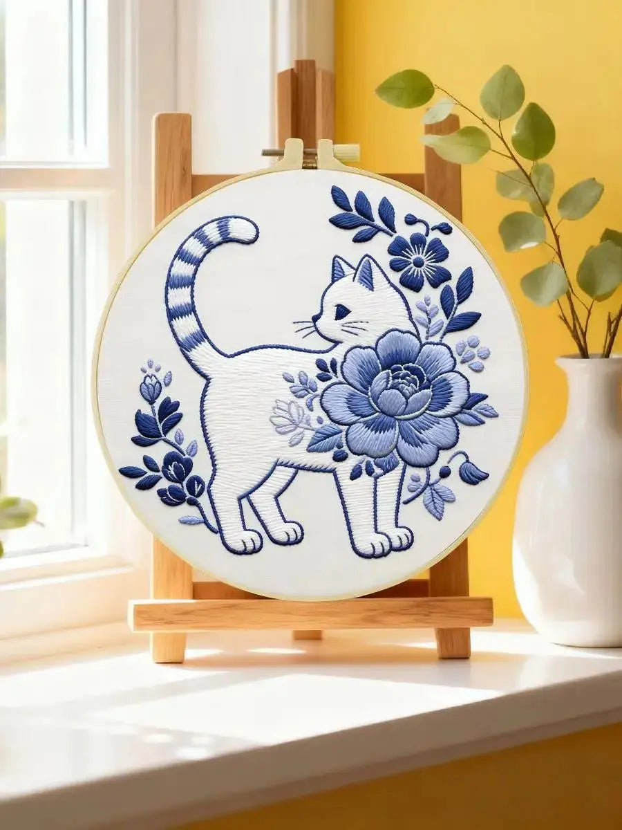 Blue Blossom Cat Embroidery Kit Kits For Stitchers