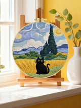 Starry Night Black Cat Embroidery Kit – Van Gogh Inspired DIY Hand Embroidery Hoop Art Set