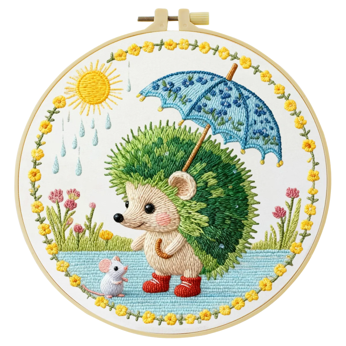 Cute Hedgehog Embroidery Kit – Woodland Animal with Umbrella DIY Sewing Craft, Whimsical Nursery Hoop Wall Art Decor