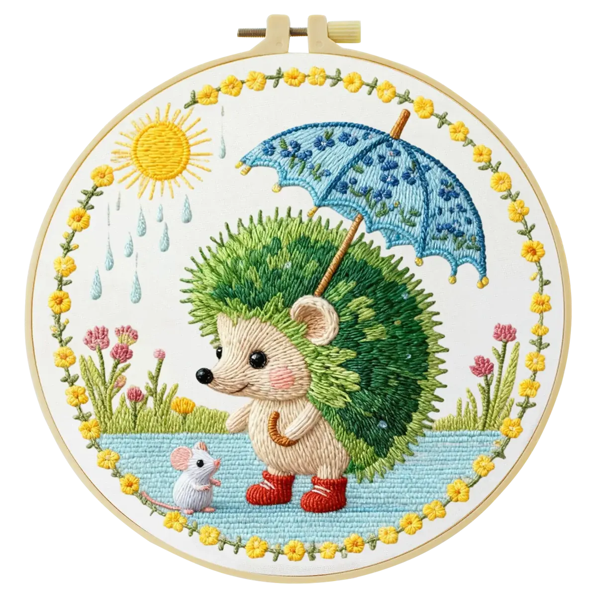 Cute Hedgehog Embroidery Kit – Woodland Animal with Umbrella DIY Sewing Craft, Whimsical Nursery Hoop Wall Art Decor Kits For Stitchers