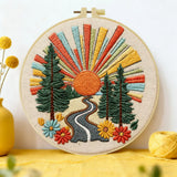 Retro Sunset Forest Embroidery Kit – Colorful Nature DIY Hand Embroidery Hoop Art Set
