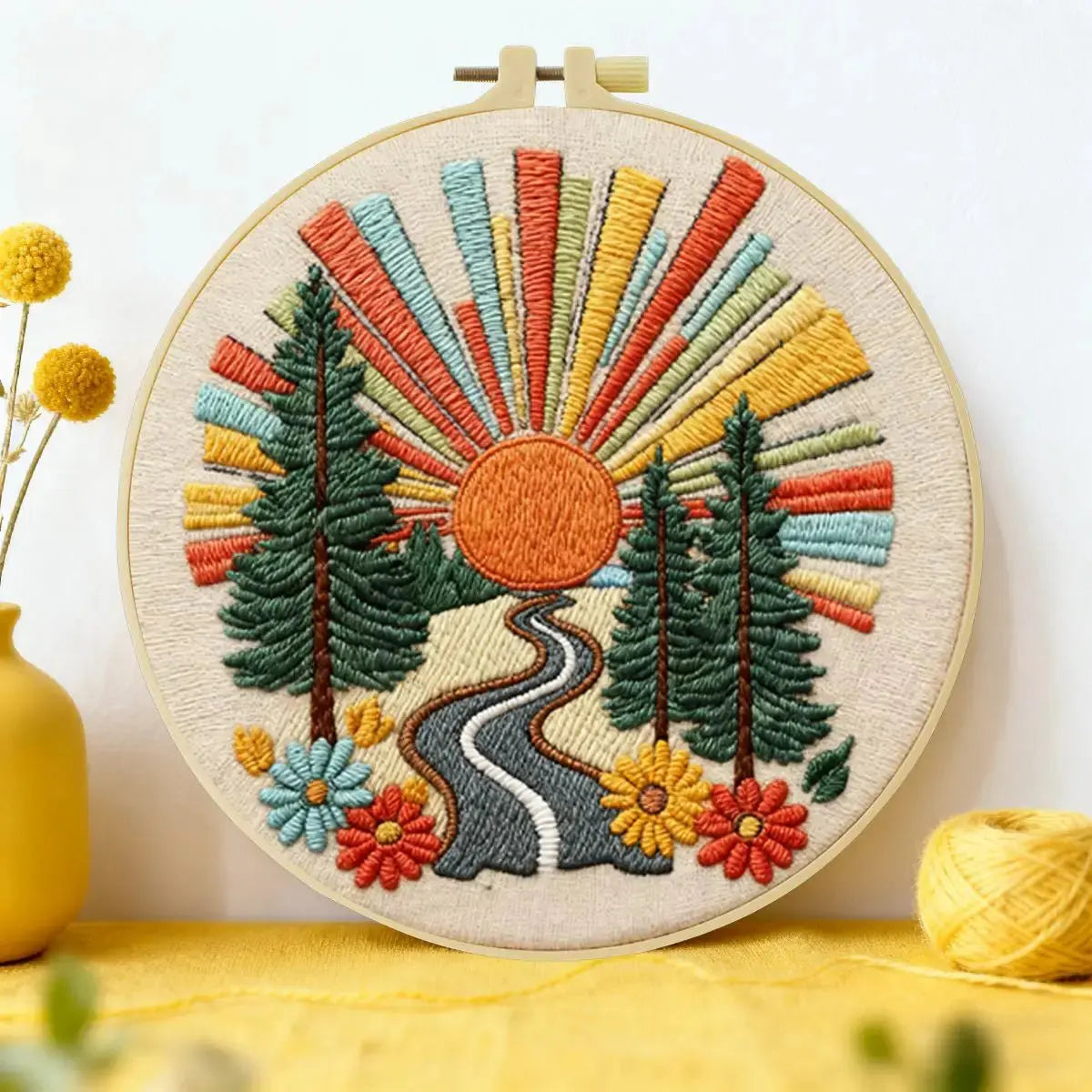 Retro Sunset Forest Embroidery Kit – Colorful Nature DIY Hand Embroidery Hoop Art Set Kits For Stitchers