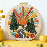 Retro Sunset Forest Embroidery Kit – Colorful Nature DIY Hand Embroidery Hoop Art Set Kits For Stitchers