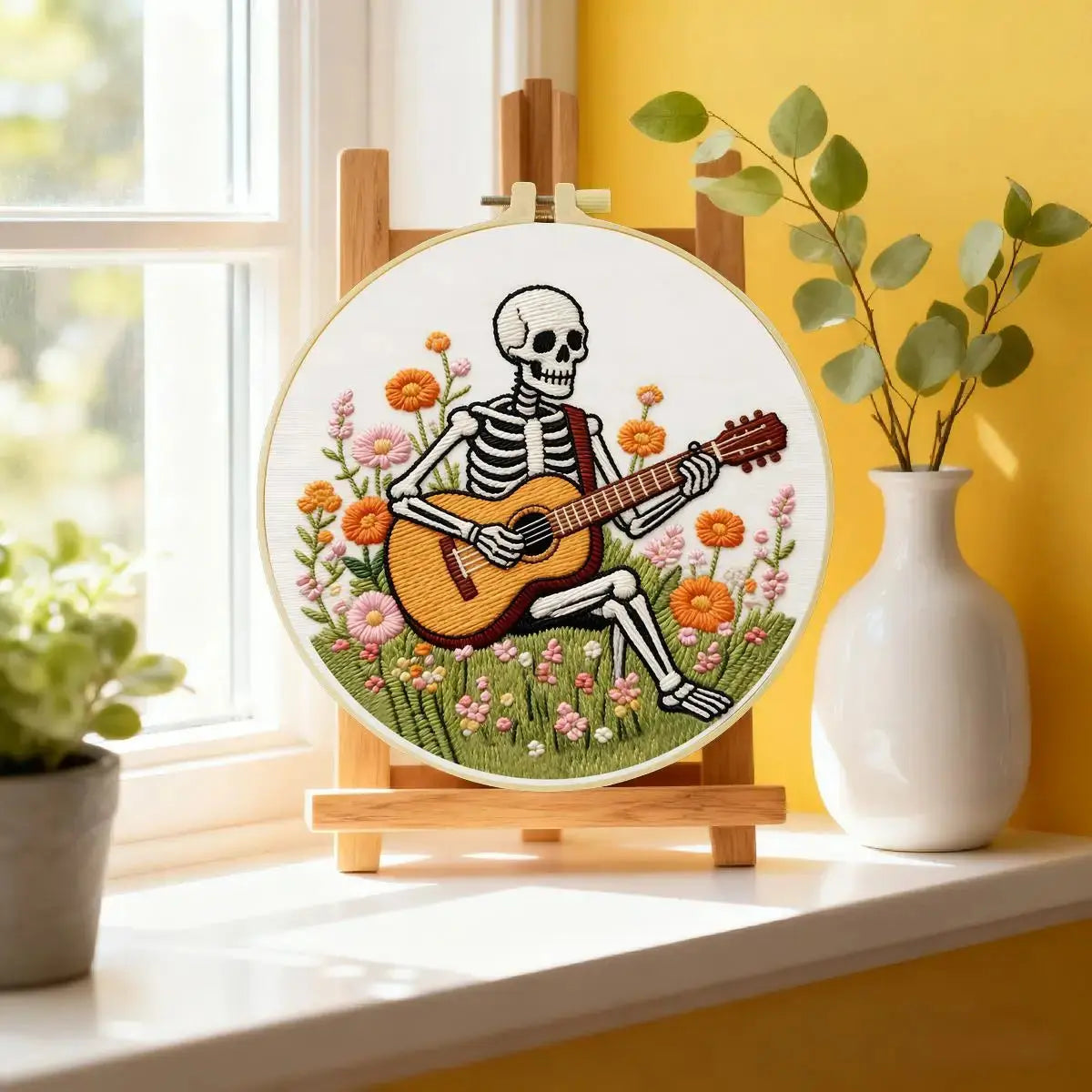 Skeleton Guitarist Embroidery Kit โ Floral Music & Wildflower Design Kits For Stitchers