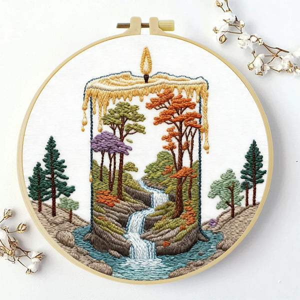 Waterfall Landscape Embroidery DIY Kit – Nature Scene Beginner Stitching Kit with Hoop, Pattern & Threads