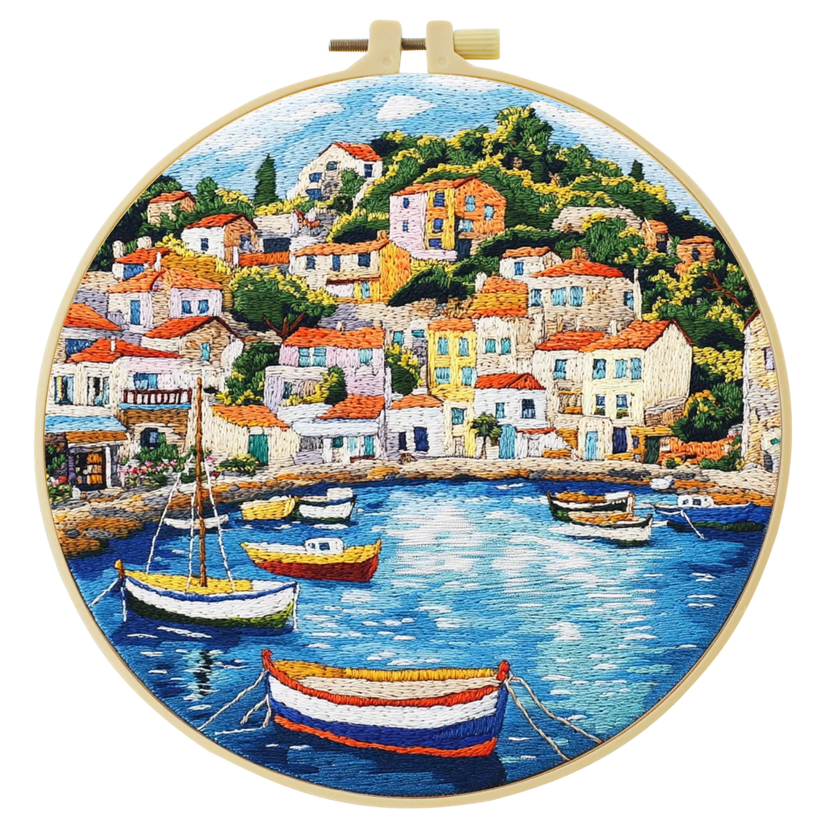 Mediterranean Coastal Village Embroidery Kit for Adults – Colorful Harbor Landscape DIY Hand Embroidery Hoop Art Travel Decor Gift