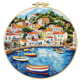Mediterranean Coastal Village Embroidery Kit for Adults – Colorful Harbor Landscape DIY Hand Embroidery Hoop Art Travel Decor Gift