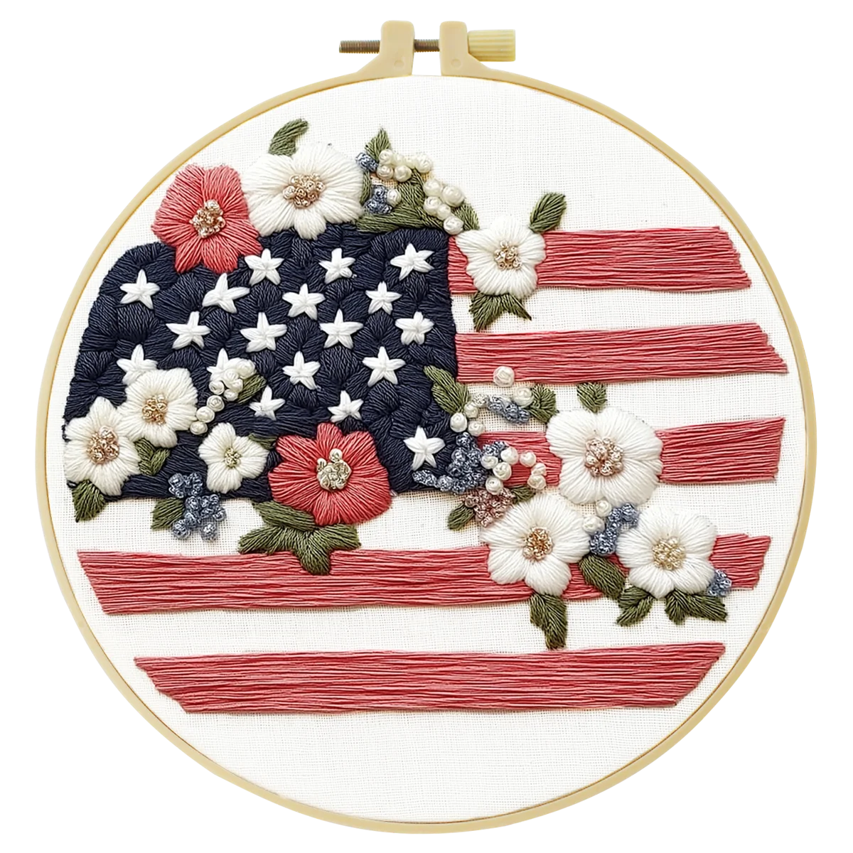 Patriotic American Flag Floral Embroidery Kit – USA Stars and Stripes DIY Needlepoint Hoop Art Rustic Fourth of July Decor Gift
