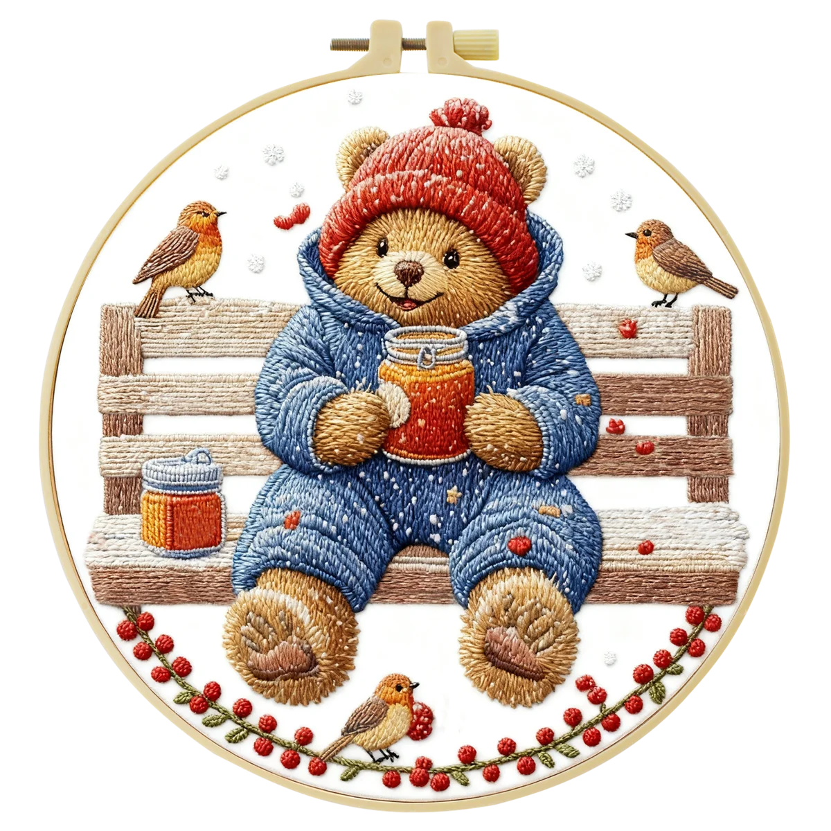 Winter Teddy Bear Embroidery DIY Kit – Cute Animal Beginner Stitching Kit with Hoop, Pattern & Threads