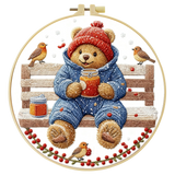 Winter Teddy Bear Embroidery DIY Kit – Cute Animal Beginner Stitching Kit with Hoop, Pattern & Threads
