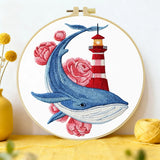 Whale & Lighthouse Embroidery DIY Kit – Nautical Ocean Animal Hand Stitching Craft with Hoop & Threads