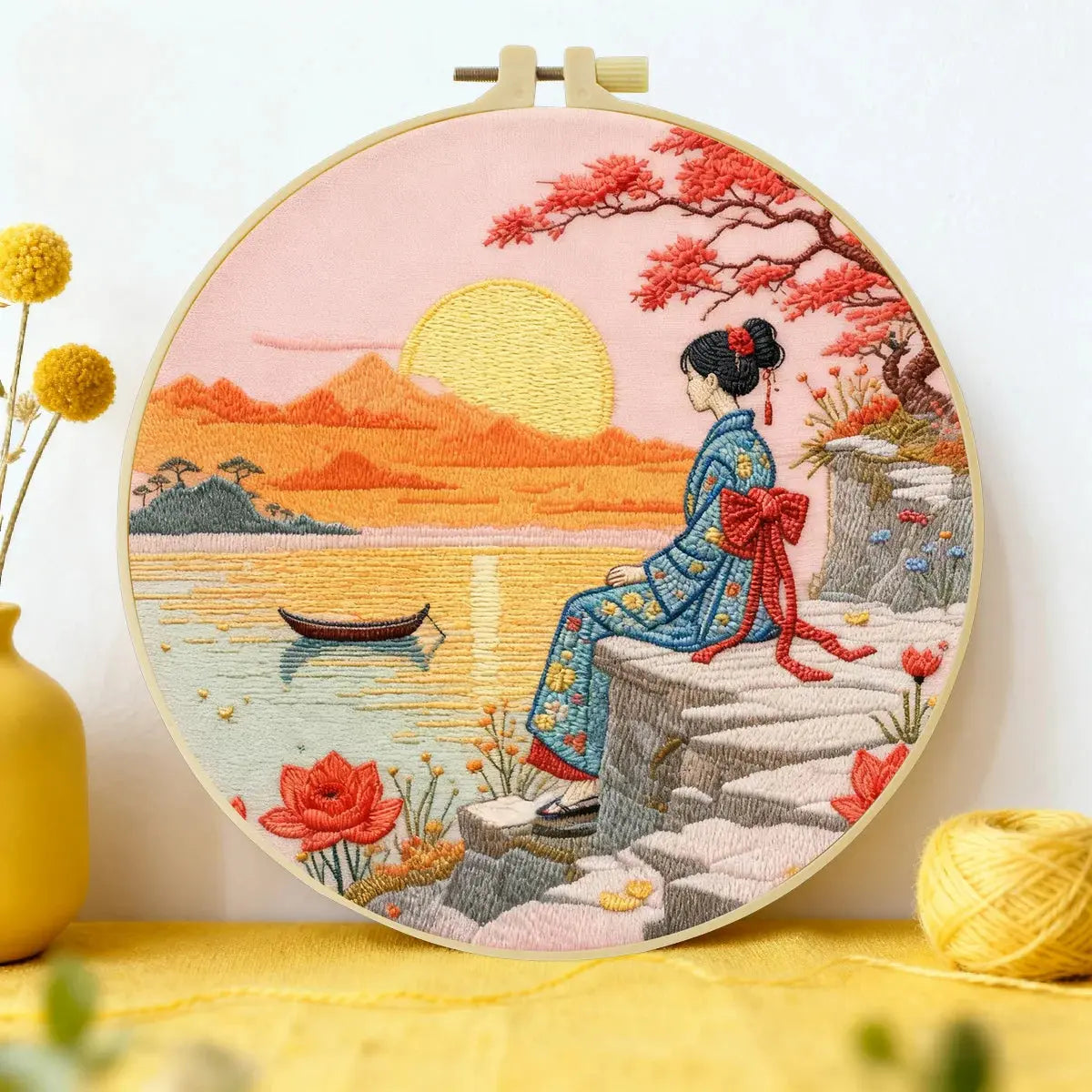 Japanese Sunset Landscape Embroidery Starter Kit – DIY Scenic Kimono Sewing Art Set for Beginners Kits For Stitchers