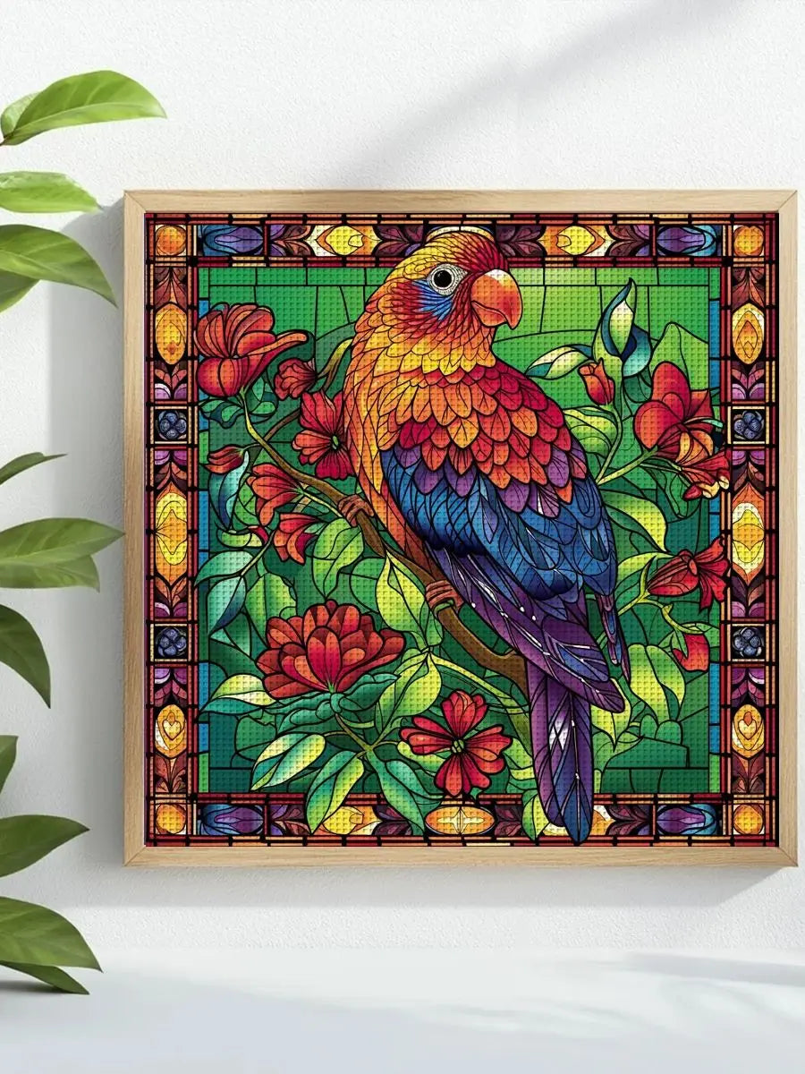 Stained Glass Parrot Cross Stitch Kit 🦜🌺🌈✨