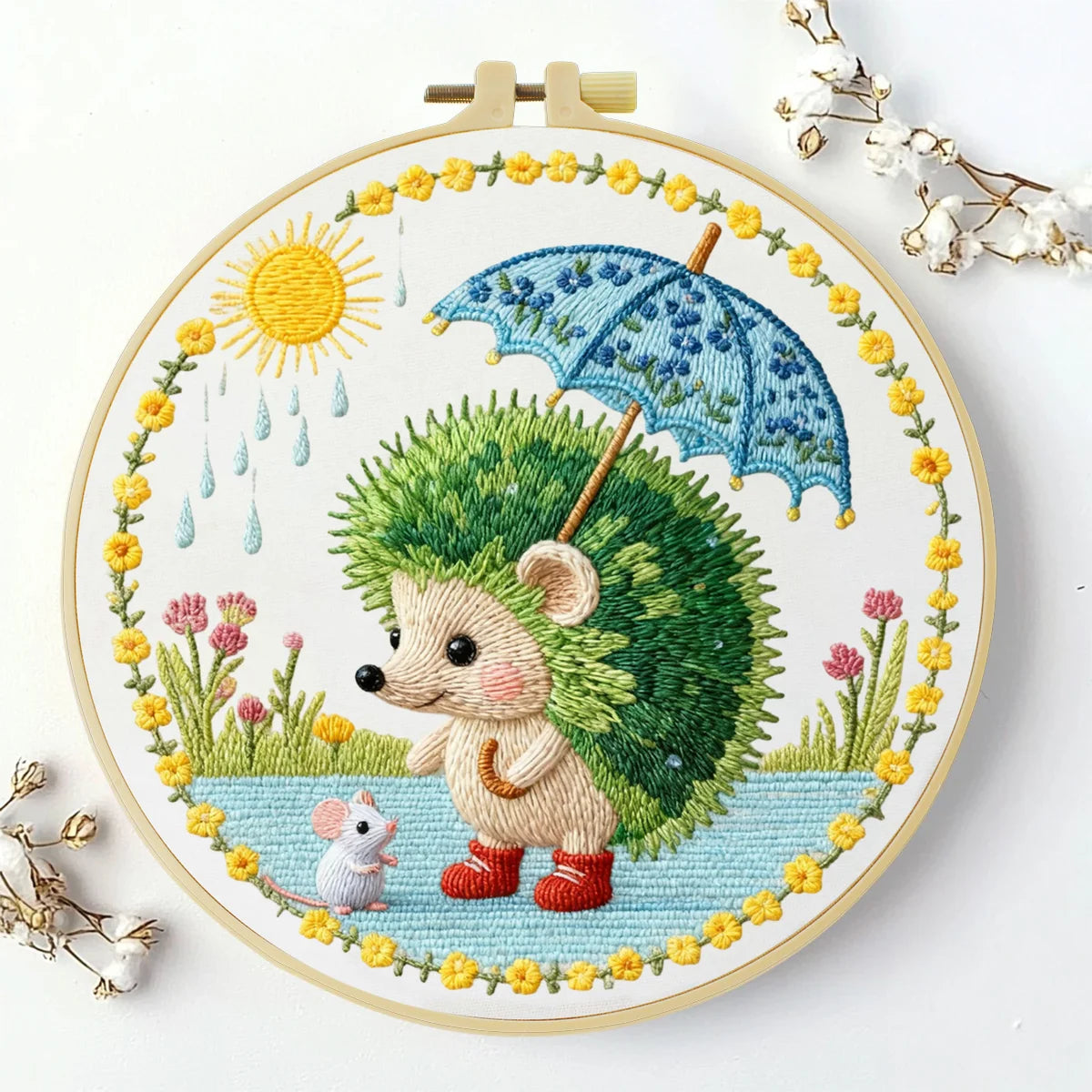 Cute Hedgehog Embroidery Kit – Woodland Animal with Umbrella DIY Sewing Craft, Whimsical Nursery Hoop Wall Art Decor
