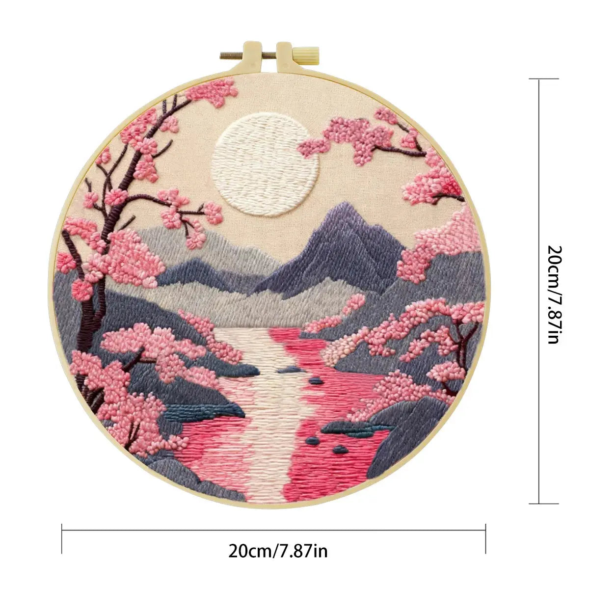Handmade Cherry Blossom Landscape Embroidery Hoop Wall Art – Serene Mountain River Decor Kits For Stitchers