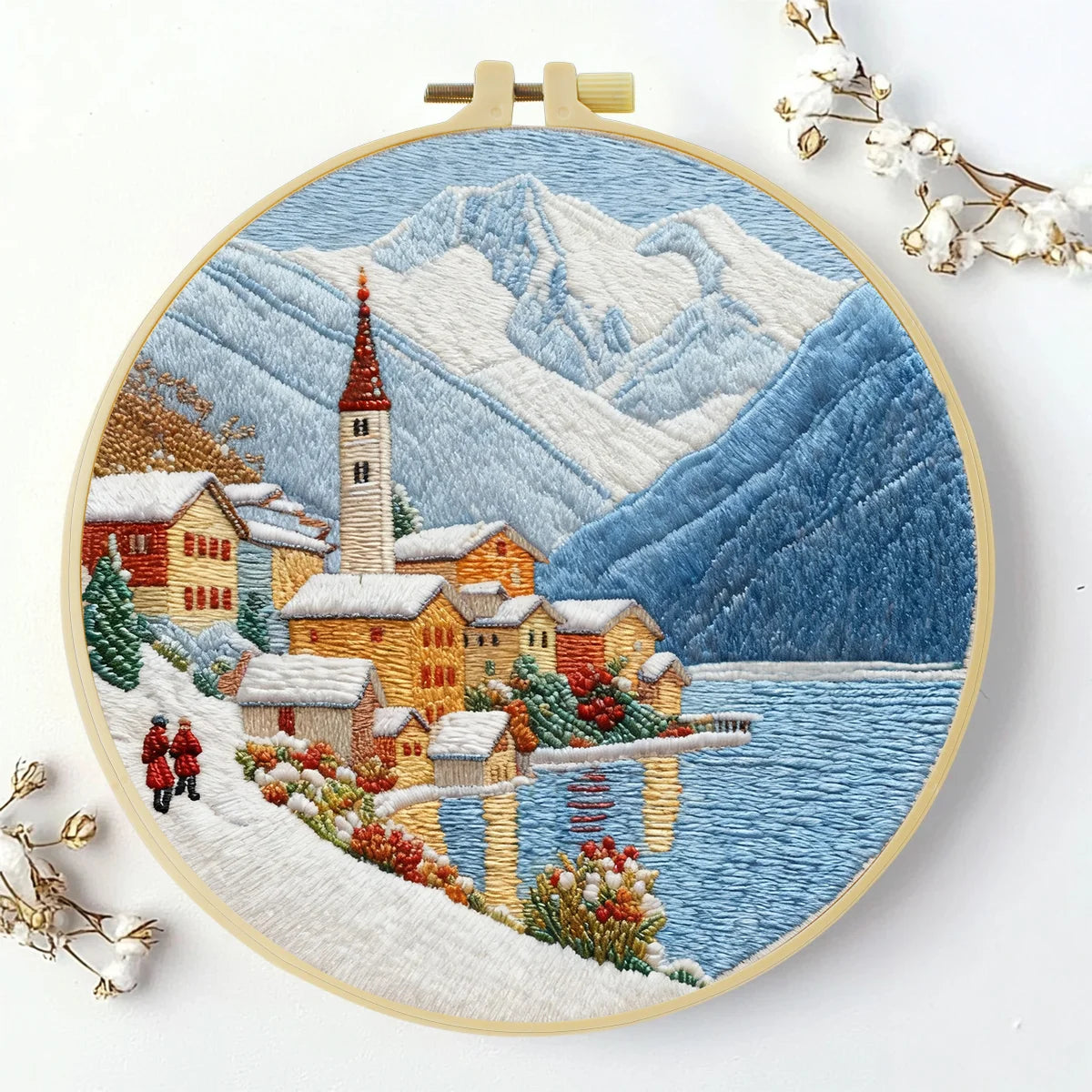 Snowy Mountain Village Embroidery Kit – Winter Alpine Landscape DIY Sewing Craft, Scenic Lake Hoop Wall Art