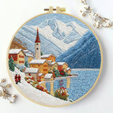 Snowy Mountain Village Embroidery Kit – Winter Alpine Landscape DIY Sewing Craft, Scenic Lake Hoop Wall Art