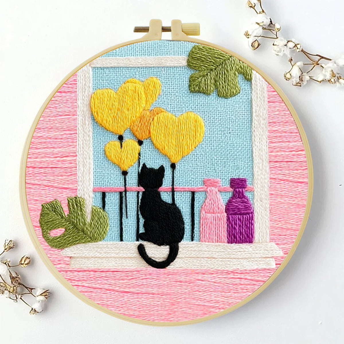 Black Cat & Heart Balloons Window Embroidery DIY Kit – Cute Home Decor Hand Stitching Craft with Hoop & Threads