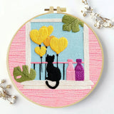 Black Cat & Heart Balloons Window Embroidery DIY Kit – Cute Home Decor Hand Stitching Craft with Hoop & Threads The Stichers Heavane