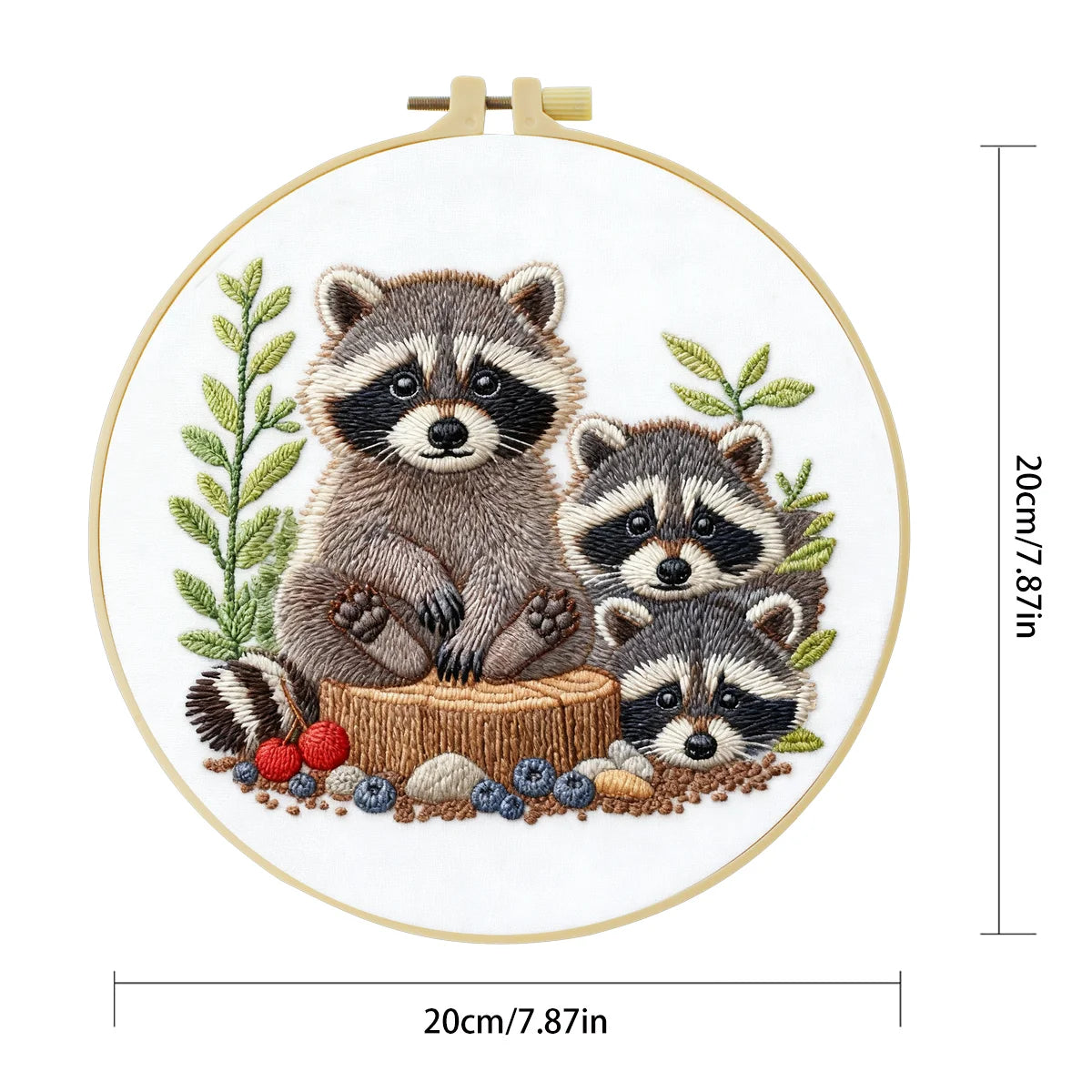 Cute Raccoon Family Embroidery Kit – Woodland Animal DIY Hand Embroidery Hoop Art, Forest Nursery Wall Decor Craft Kit