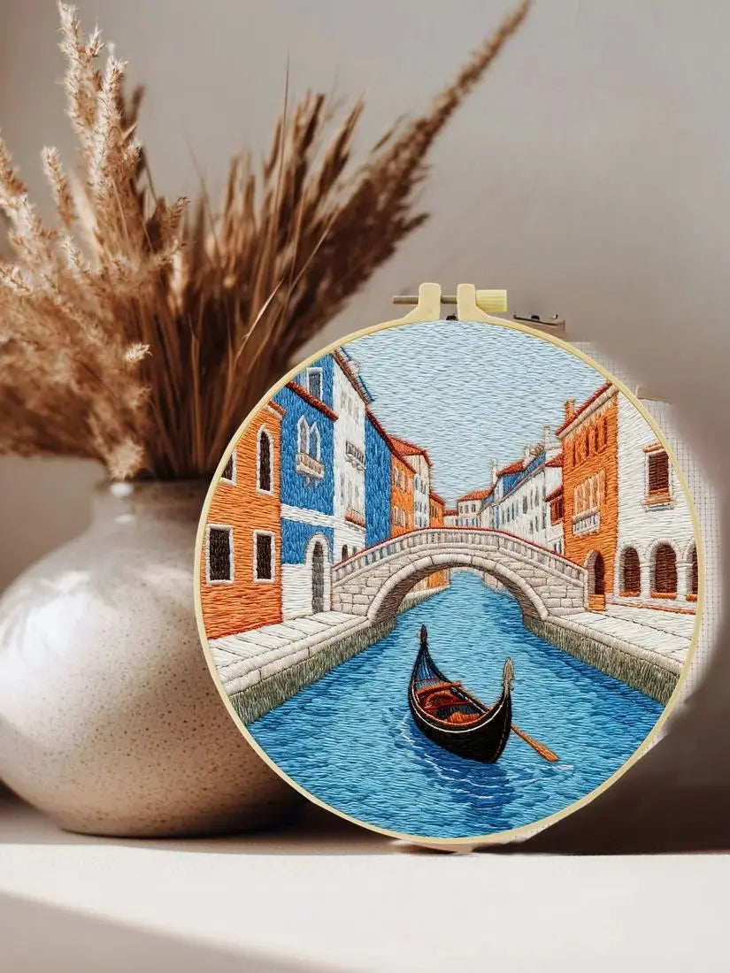 Venice Canal Embroidery Kit for Adults – Romantic Gondola Cityscape DIY Hand Embroidery Hoop Art Travel Lover Gift