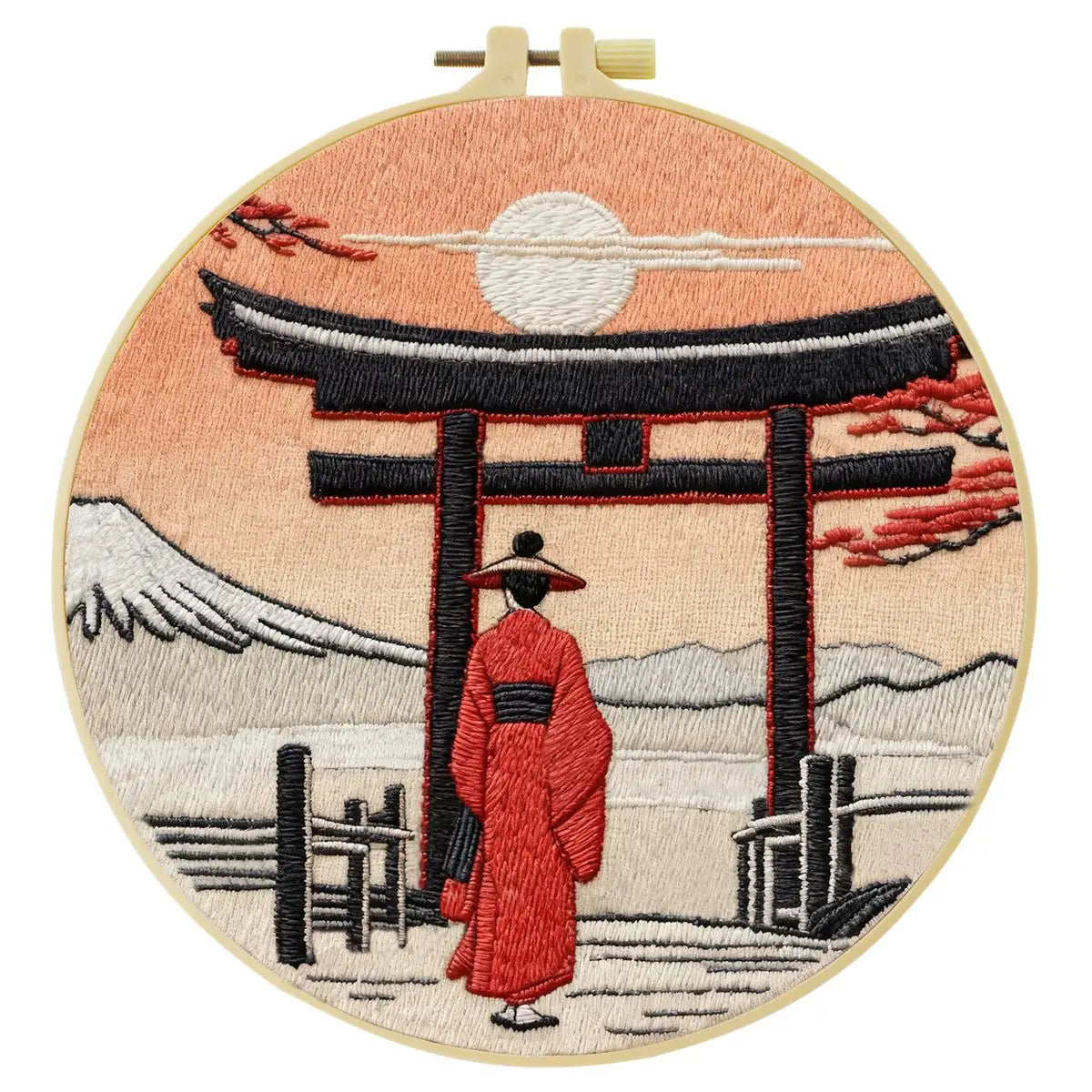 Japanese Torii Gate Embroidery Kit – Mount Fuji Sunset DIY Hand Embroidery Hoop Art Set